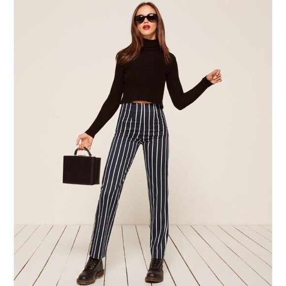 Reformation Trouser Pants Stretch Stripped Cropped Leg Size 10 - Picture 5 of 14